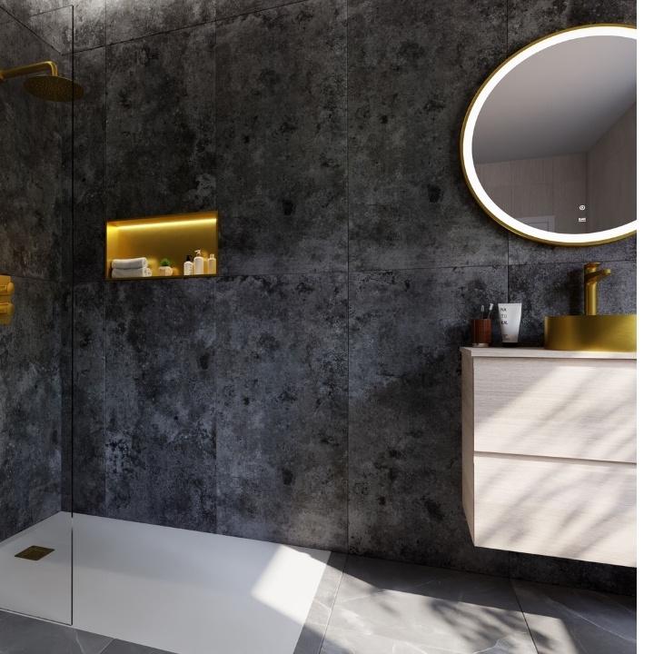 Bathroom trends 2026 main image showing dark bathroom with niche, wetroom and vanity unit